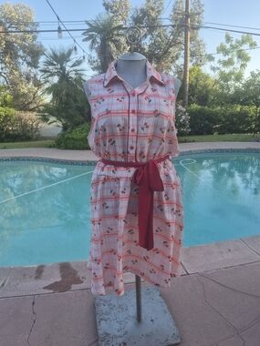 Unique Vintage Pink Plaid Cherry Print Sleeveless Shirt Dress with Red Waist Tie